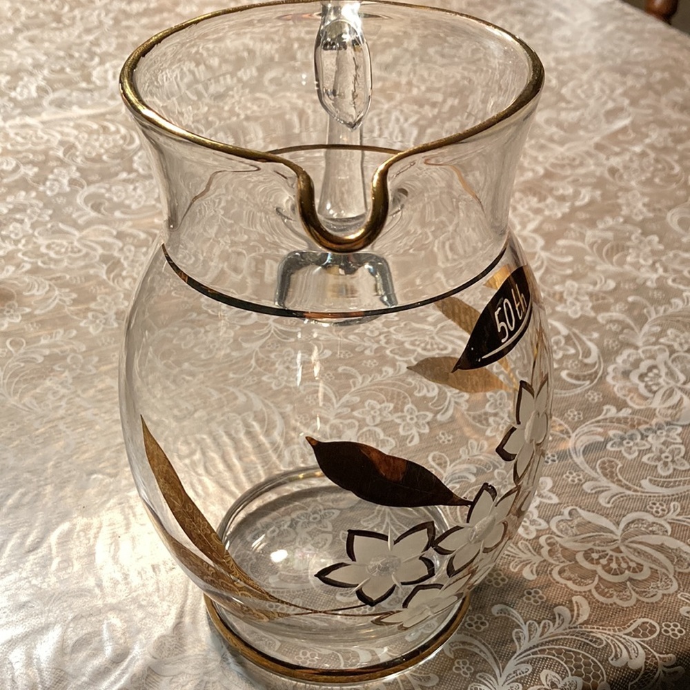 Golden Anniv (50) glass pitcher, 8” hi x 5”+2” handle, intact gold dec.    $15 - Picture 5 of 5